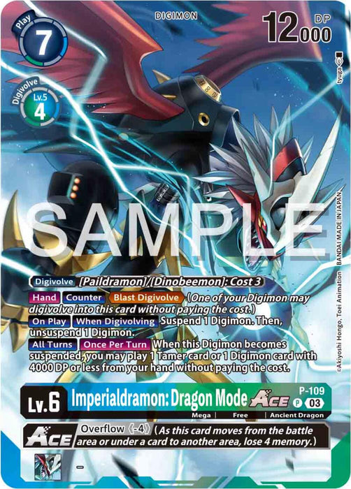 A promotional card from the Digimon Adventure 02: The Beginning Set, featuring Imperialdramon: Dragon Mode ACE [P-109]. The Ancient Dragon is depicted with red, blue, and silver armor, wielding a large sword and flying in a dynamic pose. The card includes stats like level 6, 12,000 DP, and several abilities. "SAMPLE" is watermarked across the image.
