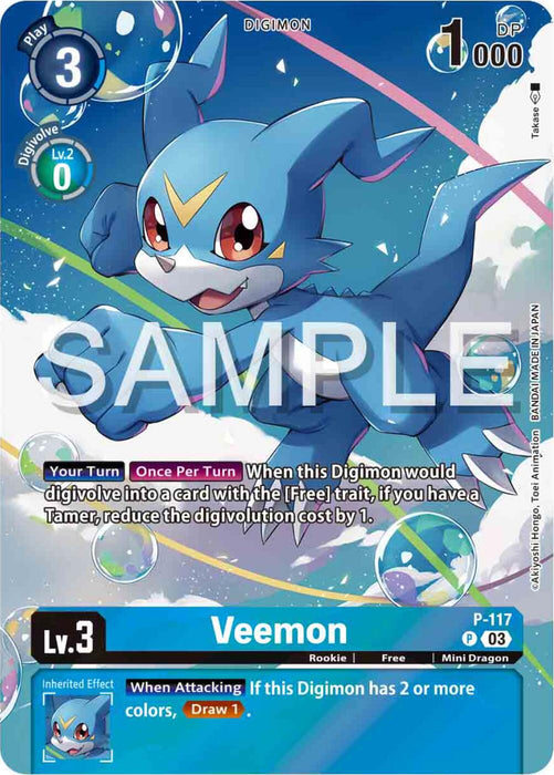 A promo card from the Digimon brand, featuring Veemon [P-117] from the Digimon Adventure 02: The Beginning Set. The card depicts a blue, dragon-like creature with red eyes, a white underbelly, and a yellow "V" on its forehead. Detailed stats and attributes are listed on the left side of the card. The background showcases multiple colors and shapes, creating a dynamic aesthetic.