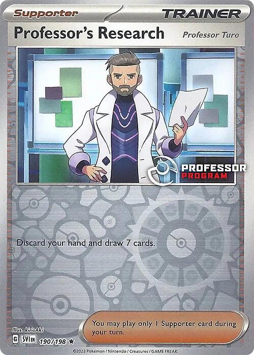 A Pokémon TCG card titled "Professor's Research (190/198) (2023) [Professor Program Promos]" features Professor Turo, a male character with short-cropped gray hair and a beard. Sporting a white lab coat over a purple shirt, this Supporter card allows the player to discard their hand and draw 7 cards. Text at the bottom notes only one supporter can be played per turn.
