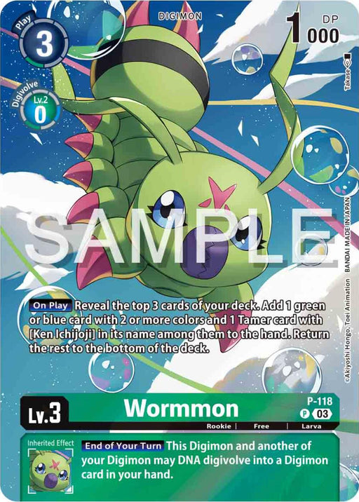 The promotional Digimon card, Wormmon [P-118] from the Digimon Adventure 02: The Beginning Set, features Wormmon in its green larva form with large red eyes and orange-tipped antennae. The card is set against a blue background with bubbles and plant-like designs. Details on the card include a play cost of 3, 1000 DP, and its inherited effect. A SAMPLE watermark is also present.

