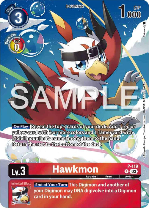 Presenting the Hawkmon [P-119] card from the Digimon Adventure 02: The Beginning Set. This promotional card showcases Hawkmon, a hawk-like Digimon with striking red and white feathers and a blue headband, exuding a serious expression. As a Level 3 Rookie Digimon, this card features its unique ability. The background displays a starry sky while the text and stats fill the bottom half of this impressive promotional piece by Digimon.