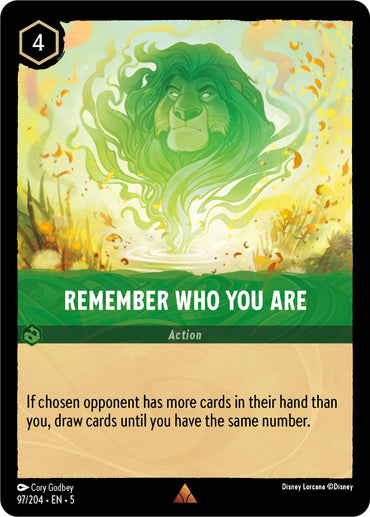 The Disney card "Remember Who You Are (97/204) [Shimmering Skies]" features a rare, mystical, glowing green image of Mufasa in a cloudy formation against shimmering skies. This action card, illustrated by Cory Godbey, costs 4 ink and allows you to draw cards until your hand matches an opponent's.