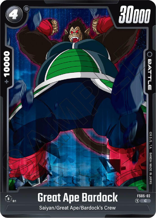 A battle card from the Dragon Ball Super: Fusion World collection's Starter Deck: Bardock features an illustration of Great Ape Bardock, depicted as a large, anthropomorphic ape clad in green and red armor. The character is shown standing in a powerful pose with a fierce expression, set against a background of vibrant colors and dynamic energy lines. Text reads: "Great Ape Bardock. Saiyan/Great Ape/Bardock's Crew.