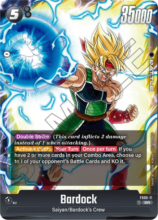 A trading card for the character Bardock from the Saiyan/Bardock's Crew set, part of Dragon Ball Super: Fusion World. The card is named Bardock (FS05-11) [Starter Deck: Bardock]. In the artwork, Bardock is charging an energy attack in his right hand with energy flaring around him. This Super Rare card features Double Strike, activation instructions, 35000 power, and a cost of 5 from Starter Deck 5.