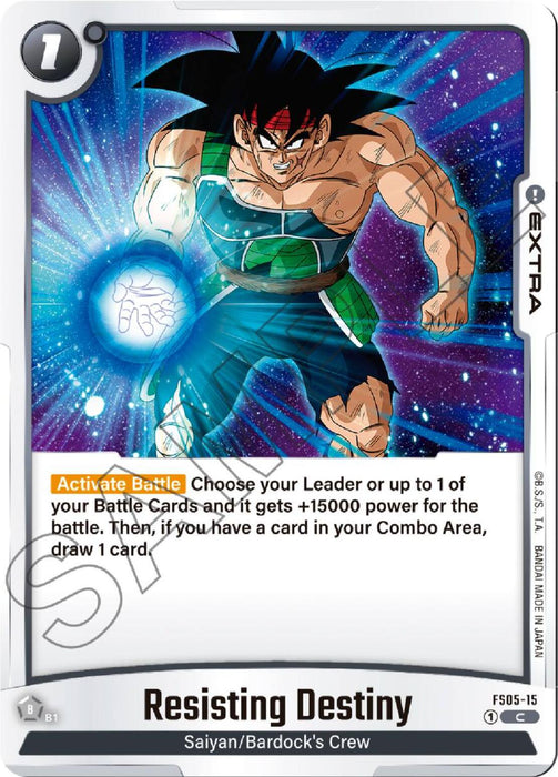 A trading card from the Dragon Ball Super: Fusion World Starter Deck: Bardock series, titled "Resisting Destiny," features Bardock in a fighting stance, glowing with blue energy. The card includes a battle activation description and belongs to the Saiyan/Bardock's Crew group. He has spiky black hair, green and black armor, and a fierce expression.