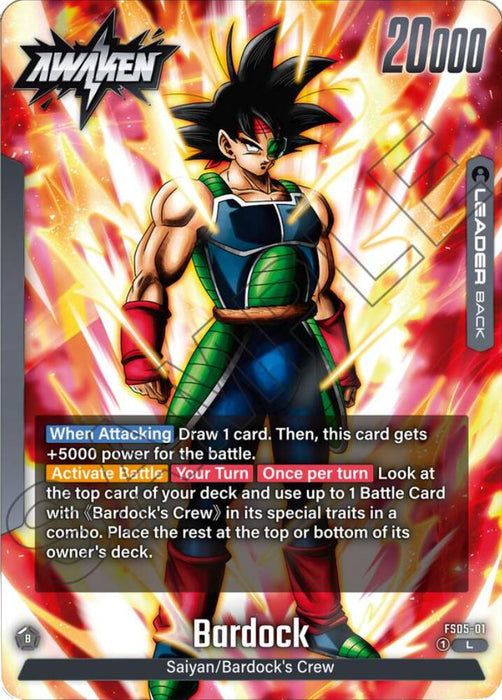 A Leader Card from the Dragon Ball Super: Fusion World Starter Deck: Bardock, showcasing Bardock with his spiky black hair and green and black battle suit accented by red wristbands. At the top, it features text stating "AWAKEN" and "20,000." The card includes various abilities and game instructions in colored text boxes against a vibrant, fiery background.