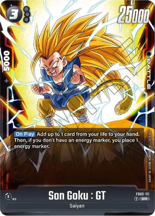  A Dragon Ball Super: Fusion World trading card showcasing Son Goku in his Super Saiyan 3 form from Dragon Ball GT. With long golden hair and a fierce expression, he radiates glowing energy. This Super Rare card, named Son Goku: GT (FB03-111) [Raging Roar], has an energy cost of 3, a power level of 25000, and provides +5000 combo power. Card text: "On Play Add up to 1 card from your life to your hand.