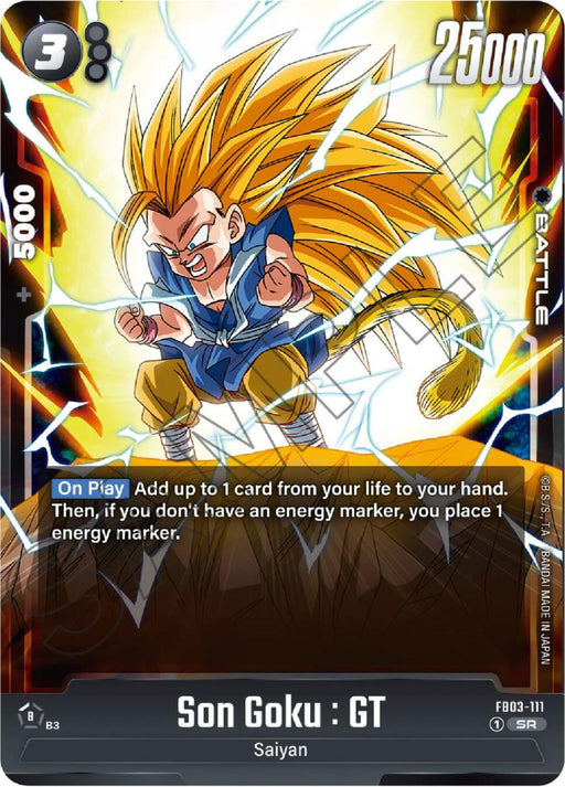  A Dragon Ball Super: Fusion World trading card showcasing Son Goku in his Super Saiyan 3 form from Dragon Ball GT. With long golden hair and a fierce expression, he radiates glowing energy. This Super Rare card, named Son Goku: GT (FB03-111) [Raging Roar], has an energy cost of 3, a power level of 25000, and provides +5000 combo power. Card text: "On Play Add up to 1 card from your life to your hand.