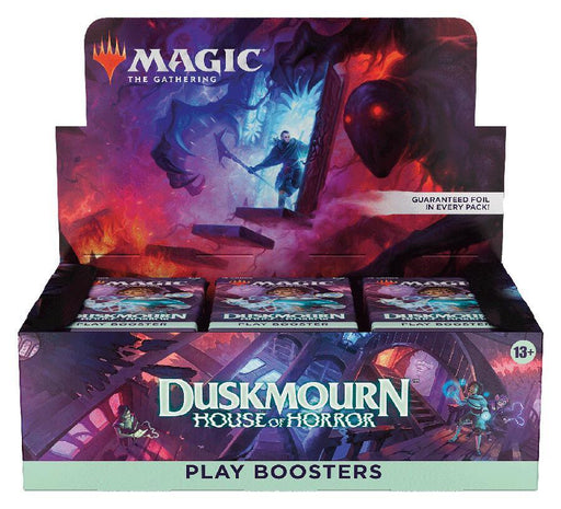 The Duskmourn: House of Horror - Play Booster Display by "Magic: The Gathering" features dark, eerie artwork with spectral figures and a haunted house. The box reads "Guaranteed Foil in every pack," making it perfect for any Miracle Worker building their ultimate Commander Deck, and indicates an age rating of 13+.