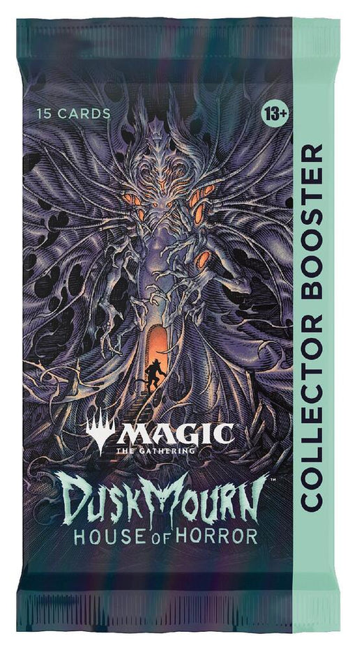 The Magic: The Gathering Duskmourn: House of Horror - Collector Booster pack features an intricate dark fantasy illustration with a menacing figure surrounded by eerie shadows. This pack contains 15 cards, including special alt-art cards, and is labeled for ages 13 and up. The packaging has a dominant dark and mystical theme.