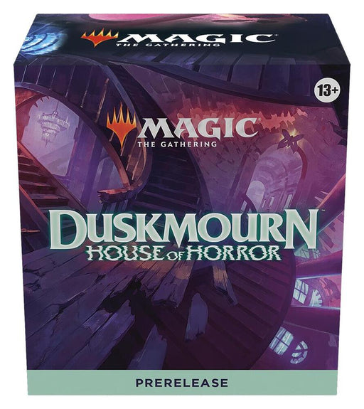 The Duskmourn: House of Horror - Prerelease Pack from Magic: The Gathering showcases a spooky, dimly-lit interior complete with spiral staircases and gothic architecture on the box art. Recommended for ages 13 and up, this pack is perfect for fans eager to immerse themselves in the eerie world of Duskmourn.