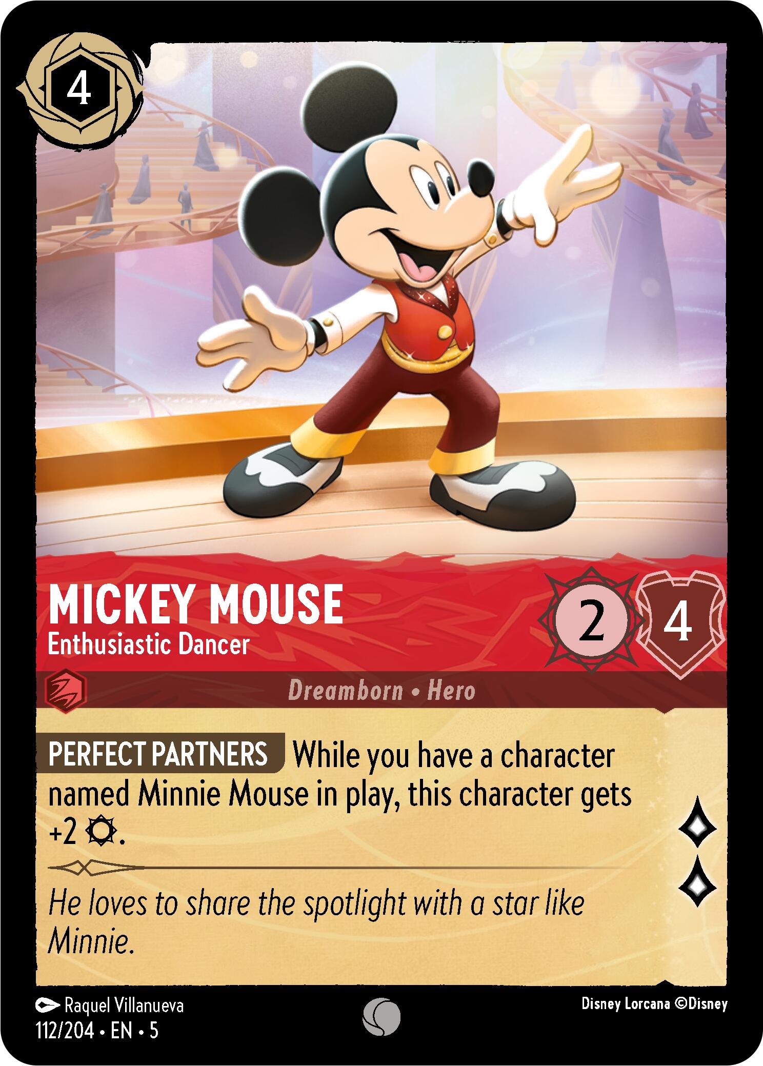 Product Name: Mickey Mouse - Enthusiastic Dancer (112/204) [Shimmering Skies]  
Brand Name: Disney

Rewritten Sentence:
The Disney trading card 