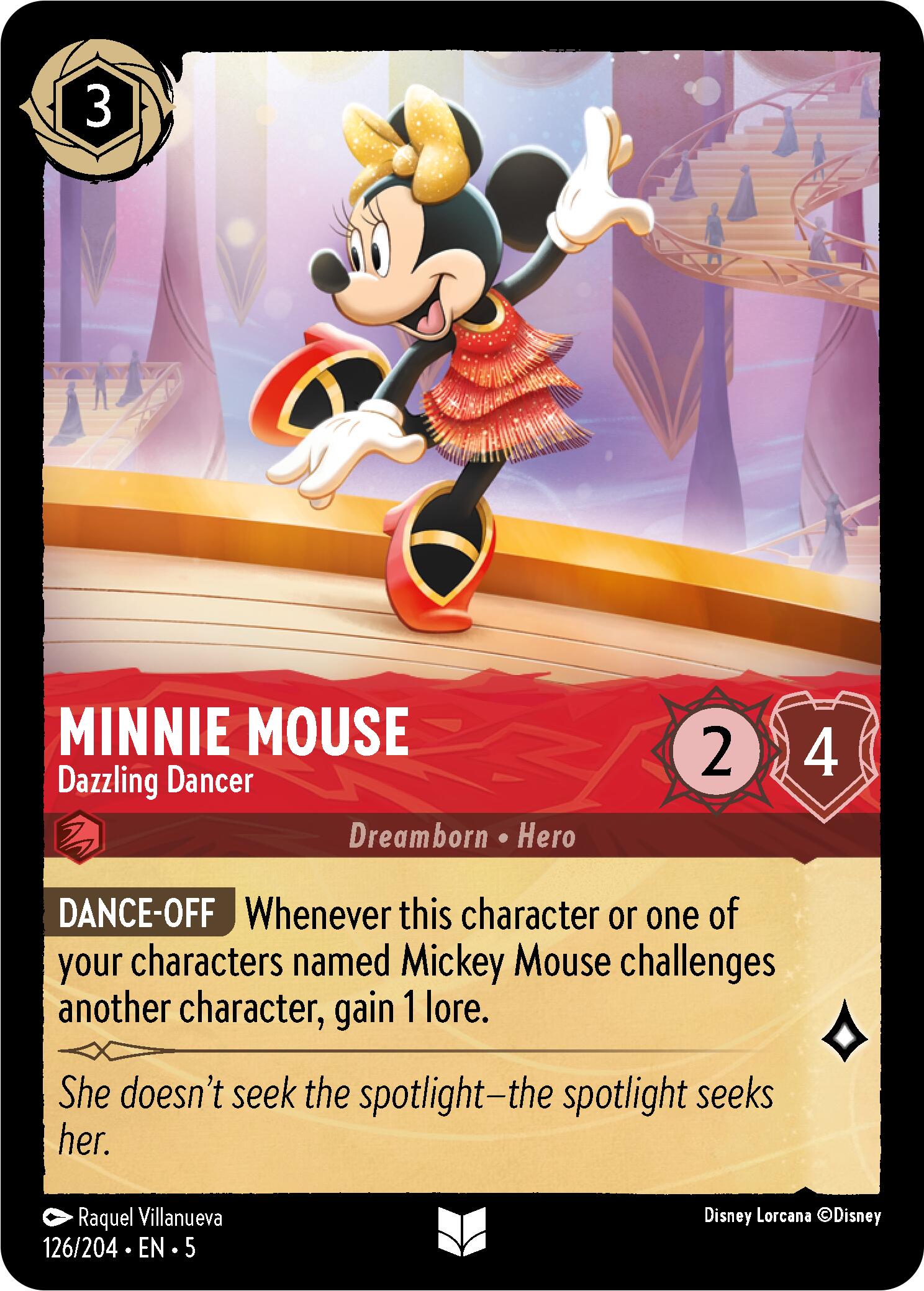 The Disney Lorcana trading card, Minnie Mouse - Dazzling Dancer (126/204) [Shimmering Skies], showcases Minnie Mouse as a dazzling dancer in a red, fringed dress, gracefully posed on stage. The card has a cost of 3, with 2 strength and 4 willpower. Its dance-off ability shines under the shimmering skies, with flavor text: 