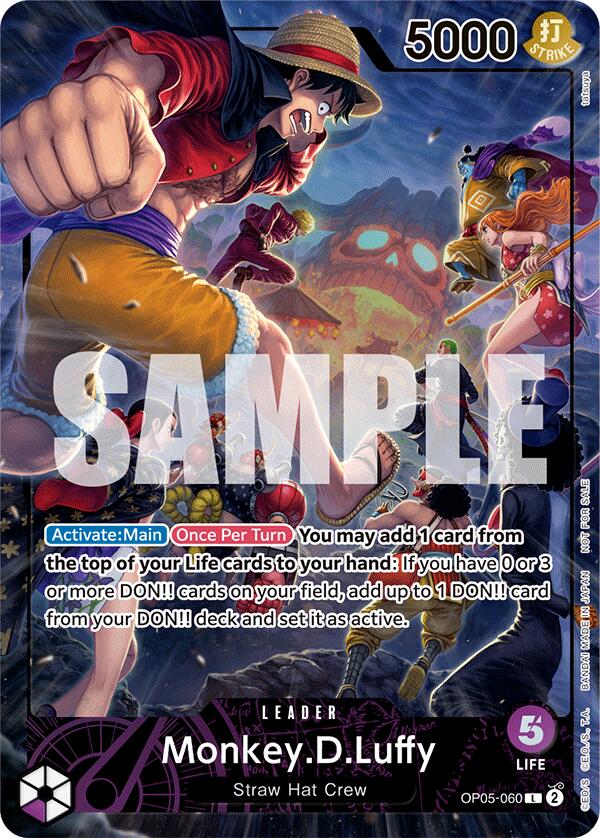 Product Description: The Monkey.D.Luffy (PSA Magazine) [Awakening of the New Era] trading card by Bandai features Luffy from the Straw Hat Crew. Dressed in his iconic red vest, blue shorts, and straw hat, Luffy is depicted charging forward energetically with a clenched fist. The dynamic artwork surrounds game rule text and stats showcasing his power level of 5000 and 5 life points.