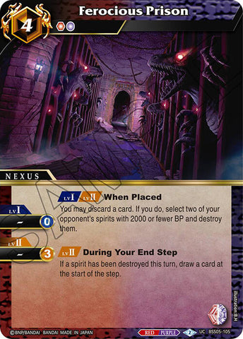 The "Ferocious Prison (BSS05-105) [Strangers in the Sky]" card from Bandai's Battle Spirits game is an uncommon Nexus. The image showcases a dark, ominous prison with a barred gate illuminated by eerie lighting. The card's abilities and effects are clearly outlined, complete with colored indicators for power levels and activation details. Both the text and artwork are prominently displayed.