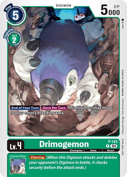 The Drimogemon [P-143] card from the Store Tournament 2024 Jul. – Sep. Participation Pack of Promotional Cards displays the Digimon tunneling through dirt, featuring a purple head with a long horn, white fur, and claws. Part of the Promo set, it has 5000 DP, requires a level 3 Digimon for digivolution to level 4, and possesses the "Piercing" inherited effect.