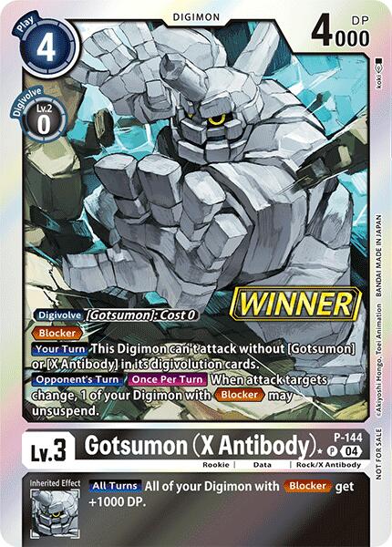 The image showcases the Gotsumon (X Antibody) [P-144] Digimon card, part of the Store Tournament 2024 Jul. – Sep. Winner Pack from the Promotional Cards series by Digimon. This Level 3 Digimon boasts 4000 DP, a blue Play Cost of 4, and a gray Digivolve Cost of 1. The card features Gotsumon with its rock-like appearance and yellow eyes, including Block/Black coloration and inherited effects text.