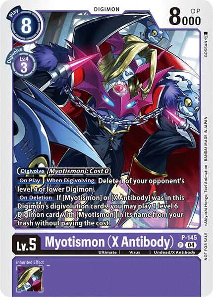 A Digimon promotional trading card named Myotismon (X Antibody) [P-145] from the Store Tournament 2024 Jul. – Sep. Participation Pack. It features a purple border and showcases a menacing, armored vampire-like creature with a cape and claws. The card has a blue cost of 8, DP 8000, and is at Level 5. Special abilities include deleting the opponent's Digimon.
