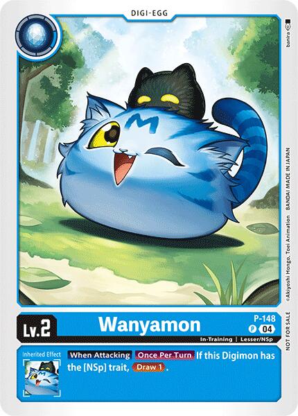 The promotional card "Wanyamon [P-148] (Store Tournament 2024 Jul. – Sep. Participation Pack)" from Digimon features a round, blue, cat-like creature with a mischievous expression lounging on its back, accompanied by a smaller black cat-like figure. Set against a scenic background with trees, this Level 2 Digi-Egg Digimon includes effects like "Draw 1" at the bottom.