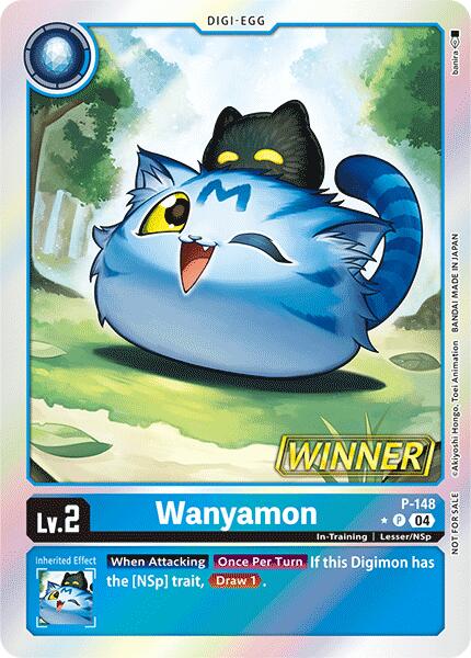 A promotional Digimon card from the Store Tournament 2024 Jul. – Sep. Winner Pack, featuring "Wanyamon" [P-148]. The in-training level Digimon is depicted with light blue fur, dark blue stripes, and yellow eyes. It has a small black cat-like creature on its head and is sitting on grassy terrain under a blue sky. The card reads "Winner" and includes stats and abilities.