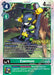 A Digimon trading card called Exermon [P-150] from the Store Tournament 2024 Jul. – Sep. Winner Pack promotional series showcases a Champion level green Digimon. This collectible card features a play cost of 4, evolution cost of 2 from level 3, and has 4000 DP. The insect-like Digimon is depicted in a striking green and purple color scheme, with detailed descriptions and battle effects included on the card.