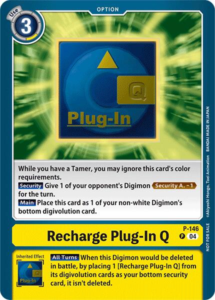 The Digimon promotional card "Recharge Plug-In Q [P-146] (Store Tournament 2024 Jul. – Sep. Participation Pack)" costs 3 and showcases a blue and yellow design with a digital plug icon. This Promo card offers effects for tamers, including security and main effects, along with an inherited effect for Digimon battles.