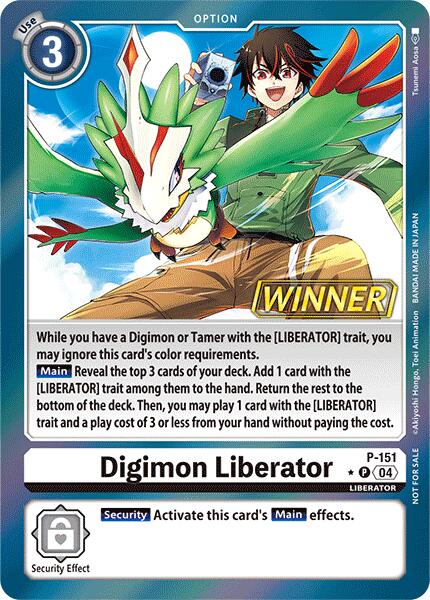 A promotional Digimon card titled "Digimon Liberator [P-151]" from the Store Tournament 2024 Jul. – Sep. Winner Pack, with a cost of 3, features a delighted human character in a green jacket and a bird-like Digimon with green and red feathers. Marked as a winner, this card showcases the LIBERATOR trait, making it one of the sought-after promo cards from the Digimon brand.