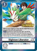 A promotional Digimon card titled "Digimon Liberator [P-151]" from the Store Tournament 2024 Jul. – Sep. Winner Pack, with a cost of 3, features a delighted human character in a green jacket and a bird-like Digimon with green and red feathers. Marked as a winner, this card showcases the LIBERATOR trait, making it one of the sought-after promo cards from the Digimon brand.