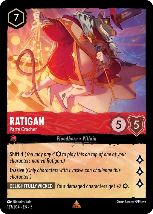 From the Disney Lorcana series, here is the "Ratigan - Party Crasher (123/204) [Shimmering Skies]" trading card. It features Ratigan depicted as a rat in red clothing, holding a sword. The card has an ink cost of 7 and stats of 5 Strength and 5 Willpower. Its abilities include "Shift 4," "Evasive," and "Delightfully Wicked.