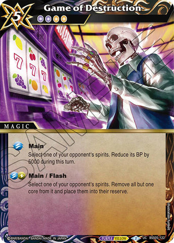 A Bandai Magic Card, "Game of Destruction (BSS05-122) [Strangers in the Sky]," showcases a skeleton in a suit fervently playing on a slot machine against an illuminated casino-like backdrop. This card, set to release in 2024, includes gameplay features such as selecting and reducing spirits' BP or moving them to the reserve.