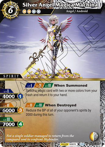 The rare spirit card "Silver Angel Magica Machina (BSS05-048) [Strangers in the Sky]" by Bandai has a cost of 6. It features an armored angel/android with white wings, wielding a spear and shield. Its stats are LV1 4000, LV2 6000, and LV3 7000. The card's abilities include returning a card and reducing opponents' spirits’ BP, and it comes with flavor text.