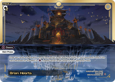 A tactical card from the game "Weiß Schwarz" named "Brain Hearts (LRP) (WXDi-P13-005P[EN]) [Concord Diva]" by TOMY features an ominous castle floating in a dark sky with menacing towers and glowing red lights. The castle reflects a grand, illuminated structure below it. With intricate drawing, discarding, and vanishing mechanics, this Concord Diva card is essential for any strategist.