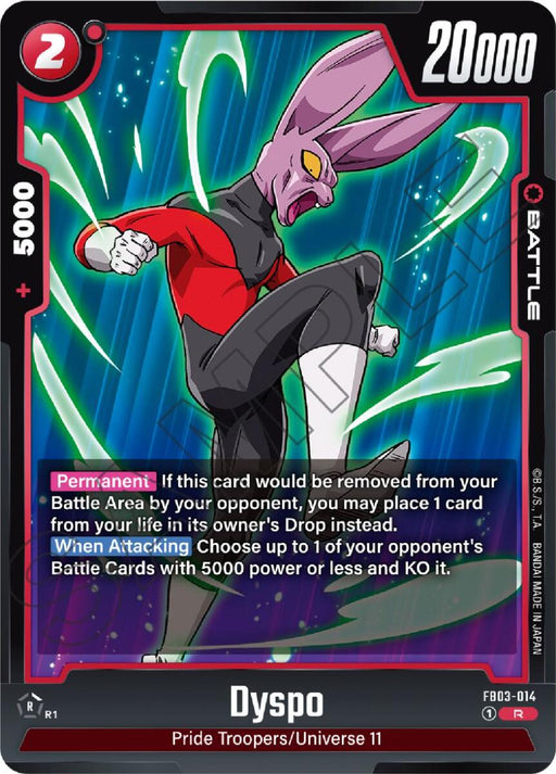 Product Data Rewrite: A Dragon Ball Super: Fusion World trading card titled "Dyspo [Raging Roar]." The card features Dyspo, a purple, rabbit-like character dressed in a red and black uniform, striking a fighting pose. It boasts a power level of 20000 and combo power of 5000. The card includes text detailing its abilities and game effects.