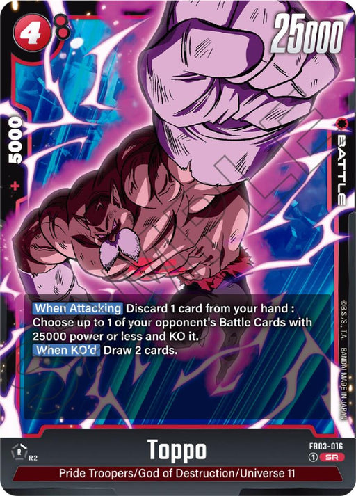 Image of a "Toppo [Raging Roar]" Dragon Ball Super: Fusion World trading card. Toppo is shown in a dynamic action pose with a powerful punch. The Super Rare card displays 25000 power and skills like "When Attacking" and "When KO'd." The bottom reads, "Pride Troopers/God of Destruction/Universe 11.