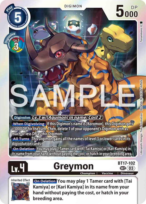 The Greymon [BT17-102] [Secret Crisis] Secret Rare card from Digimon showcases a large Dinosaur Digimon with an orange body and blue stripes. The card features a striking blue border, a play cost of 5, 5000 DP, and specified digivolution requirements. Detailed effects and abilities are listed on the right side.