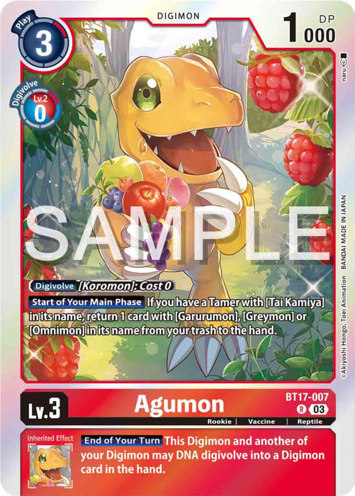 Introducing the Agumon [BT17-007] [Secret Crisis] trading card from Digimon! This rare card showcases Agumon, a small dinosaur-like creature holding various fruits. It has a blue play cost of 3, a DP of 1000, and is classified as level 3. As a Rookie and Vaccine type Digimon, the card features detailed evolvability criteria and special abilities in its text. Additionally, it is distinctively marked with a "SAMPLE" watermark overlaying the design.