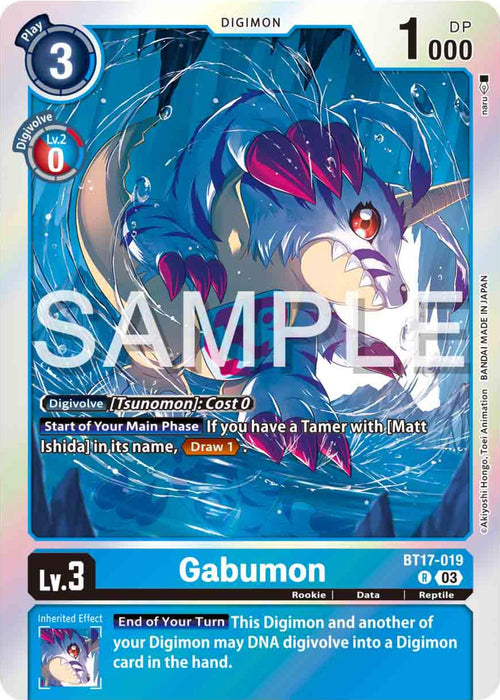 The Gabumon [BT17-019] [Secret Crisis] card from Digimon features a rare depiction of Gabumon in an aquatic setting, surrounded by swirling water. It has a play cost of 3, 1000 DP, and is at level 3. The card includes an effect that allows you to "Draw 1" at the start of your main phase if you have a Tamer named Matt.