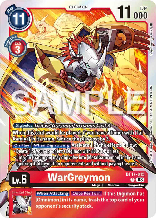 The WarGreymon [BT17-015] [Secret Crisis] Digimon card showcases a dragonkin Digimon adorned with a metal helmet and claws, set against a fiery background. It is a level 6 card with a play cost of 11 and 11,000 DP. The text includes digivolution requirements and effects, while the bottom features a red bar displaying special abilities from the Secret Crisis series.