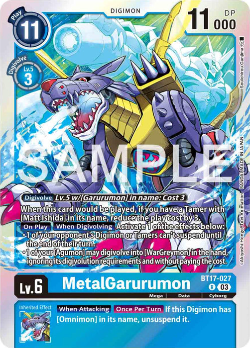 The image shows a Digimon trading card for "MetalGarurumon [BT17-027] [Secret Crisis]." The card features a mechanical wolf-like creature with blue armor and rocket launchers, labeled as Lv. 6 and Type: Cyborg. It has 11,000 DP, a Play Cost of 11, and a Digivolution cost of 3. Various effects and abilities are detailed for the Digivolve process.