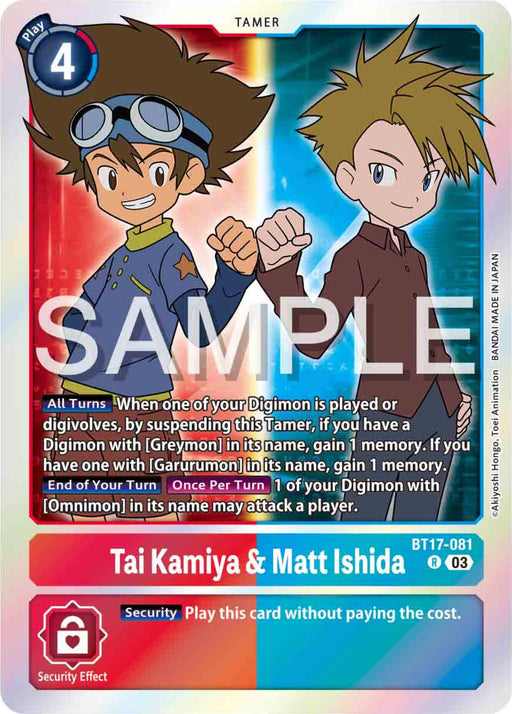 The Tai Kamiya & Matt Ishida [BT17-081] [Secret Crisis] card from Digimon showcases a Super Rare Digimon Tamer featuring Tai on the left, wearing goggles and a blue outfit, and Matt on the right, dressed in a khaki shirt. The card details their abilities and includes gameplay instructions. Across the image is the text "SAMPLE.