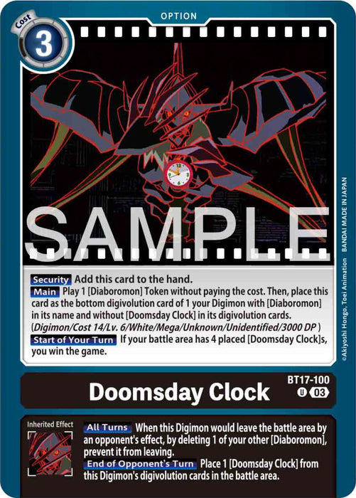 The image showcases a Digimon card titled "Doomsday Clock [BT17-100] [Secret Crisis]." It depicts a fierce red, mechanical dragon with large wings, claws, and an overlaid clock. The card is bordered in blue and contains text describing its effects, with the word "SAMPLE" prominently stamped in large white letters across it.