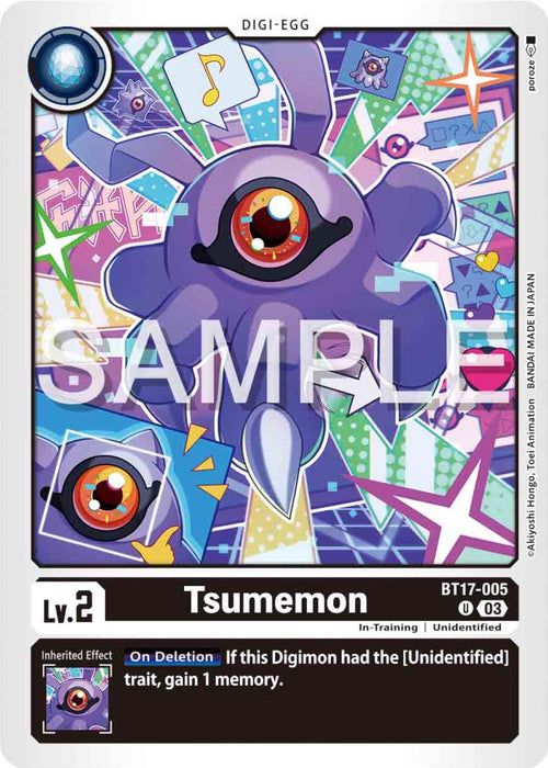 A Digimon trading card named Tsumemon [BT17-005] from the "Secret Crisis" set features a Level 2 Uncommon Digi-Egg. The card shows Tsumemon as a small, purple In-Training creature with a single large eye and jagged limbs, set against a backdrop of colorful geometric patterns. The "Inherited Effect" states, "On Deletion: If this Digimon had the [Un".