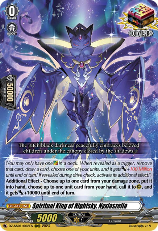 A fantasy-themed trading card featuring the Spiritual King of Nightsky, Nyxlaszelia (DZ-SS01/002EN), from Bushiroad's Festival Booster 2024 set. The character is a majestic, dark-armored figure with extended wings and an ornate staff. Text at the bottom specifies its abilities and stats, with a colorful starry background enhancing the card's mystical vibe.