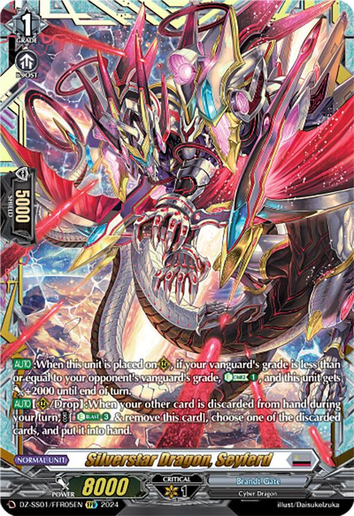 A trading card featuring "Silverstar Dragon, Seyferd" (DZ-SS01/FFR05EN) from the game Cardfight!! Vanguard by Bushiroad. Originating from Brandt Gate, this dragon boasts vibrant, multicolored armor with intricate patterns, sharp claws, and dragon wings. Part of the Festival Booster 2024 set, it has a power rating of 8000 and a critical value of 1.