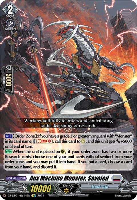 A futuristic alien mech with blade-like arms stands amidst a chaotic, lightning-stricken environment. The card "Aux Machine Monster, Savoied (DZ-SS01/Re14EN) [Festival Booster 2024]" from Bushiroad features a 10000 power rating and intricate design elements. As part of the Brandt Gate Festival Booster 2024 collection, it includes details about the "Order Zone" and research card effects.