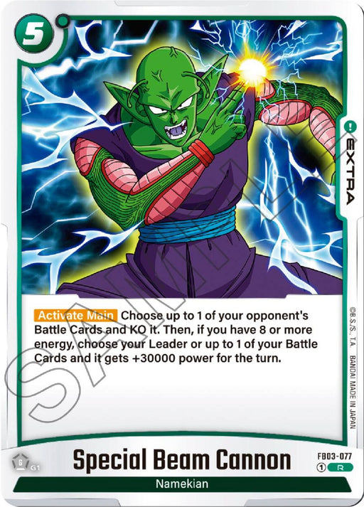 A unique trading card from the Dragon Ball Super: Fusion World brand, titled "Special Beam Cannon [Raging Roar]," showcases a green-skinned character with pointed ears and antennae, channeling a glowing yellow and green energy blast from his fingers. The character is depicted in purple attire with red accents, and the card includes text detailing its abilities.