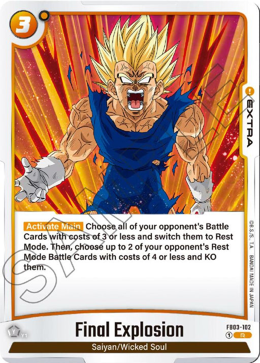 A Dragon Ball Super: Fusion World trading card titled "Final Explosion [Raging Roar]" showcases a powerful, golden-haired Saiyan engulfed in fiery energy. This "Extra" card with a cost of 3 states: "Activate Main: Rest Mode all your opponent's Battle Cards (costs 3 or less). Then, KO up to 2 of their Rest Mode Battle Cards costing 4 or less.