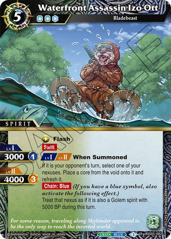 A rare trading card titled "Waterfront Assassin Izo Ott (BSS05-082) [Strangers in the Sky]" by Bandai features a fierce aquatic creature with goggles and a snorkel, wielding a trident. The card showcases various attributes including levels, power points, abilities, and special effects. Japanese text adorns the bottom.