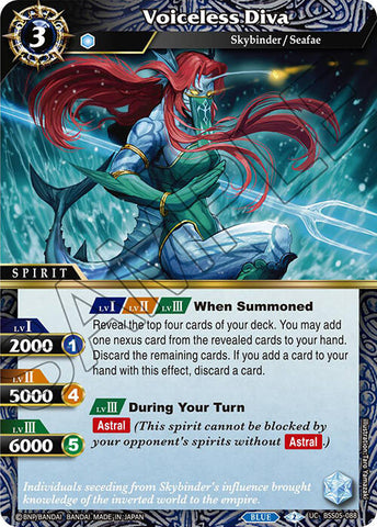 Image of a card from a game. Title: "Voiceless Diva" with type "Spirit Card" and name "Skybinder/Seafae." The card, part of Bandai's Strangers in the Sky series (BSS05-088), shows an armored, long red-haired character in water, with crossed arms. Abilities include "When Summoned" and "During Your Turn". Stats and effects text are visually detailed.