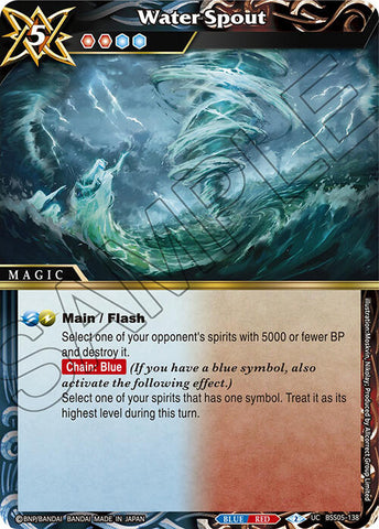 An illustrated game card titled "Water Spout (BSS05-138) [Strangers in the Sky]" by Bandai. This Magic Card features a powerful water vortex and has a cost of 5. Its elements are red and blue, with the magic symbol included. The text on the card reads: "Main/Flash: Select one of your opponent's spirits with 5000 or fewer BP and destroy it. Chain: Blue (If you have a blue symbol, also activate the following effect).